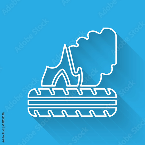 White line Lying burning tires icon isolated with long shadow. Vector.