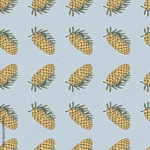 Pine cones with leaves. Seamless pattern on a blue background. Idea for wallpaper, fabric and packaging. Good quality image, vector.