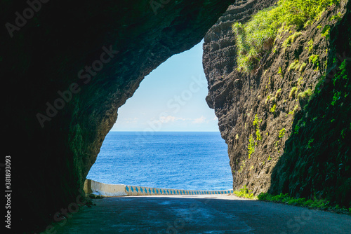 scene of pacific ocean through the tunnel in lanyu, taitung, taiwan photo