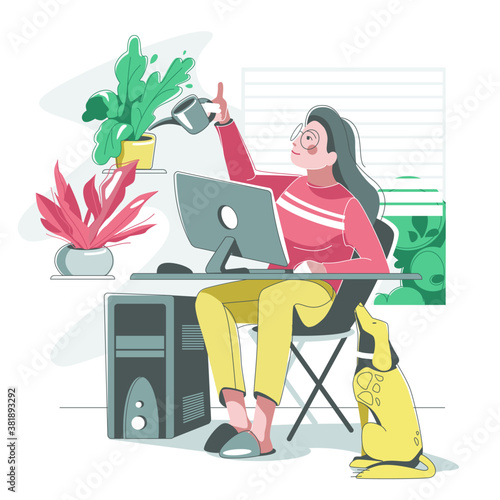 Young female on the remote work  irrigation her plants with her dog vector illustration