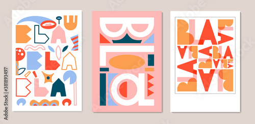 Vector set of posters letters geometric shapes. Blah blah phrases design for printing. Vector letters design.