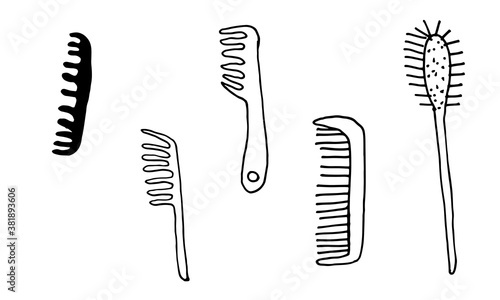 Hand drawn grooming tools. Vector illustration of hairdresser accessories. Barber shop, pet service. Hairbrushes and combs isolated on white background.
