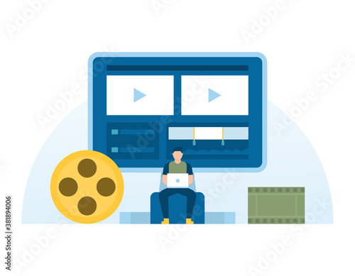 illustration of someone editing the video using a computer monitor next to the filmstrip. Video editor or freelance animator, film editor concept. flat style. UI element design.