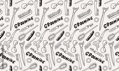 Hand drawn grooming tools. Vector illustration of hairdresser accessories. Barber shop, pet service. Seamless pattern with scissors and brushes