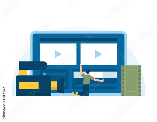 illustration of someone editing video using a tablet next to a filmstrip and a camera recorder. Video editor or freelance animator, film editor concept. flat style. UI element design.