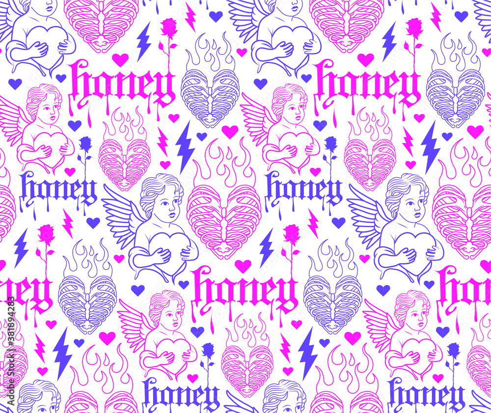 Angel seamless pattern in pink and purple colors Angel seamless pattern in pink and purple colors