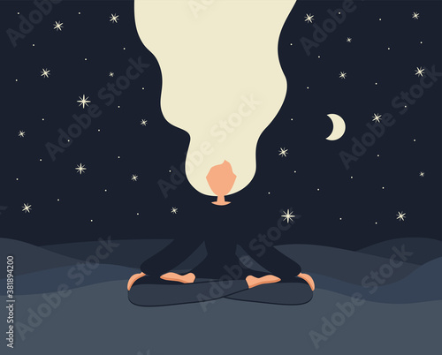 Starlight Night. Girl in yoga lotus practices meditation. Vector illustration in flat style. Young woman meditating	