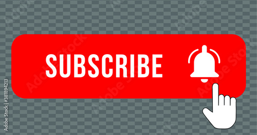 SUBSCRIBE - button red color with handon transparent background. YouTube channel. Vector illustration.