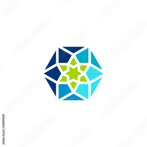 Mosaic stained glass logo with a hexagram star