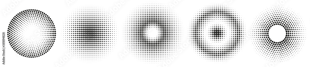 Set of simple halftones. Black gradient circles of dots. Dotwork. Vector illustration