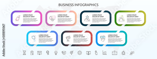 Infographics rectangle with seven steps, icons. Vector template used for diagram, business, web, banner, workflow layout, flowchart, info graph, timeline, content, levels, chart, processes diagram