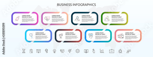 Infographics rectangle with eight steps, icons. Vector template used for diagram, web, banner, workflow layout, presentations, flowchart, info graph, timeline, content, levels, processes diagram