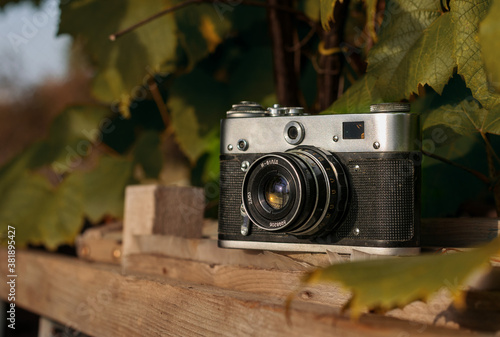 Old camera in nature on a Sunny autumn day.