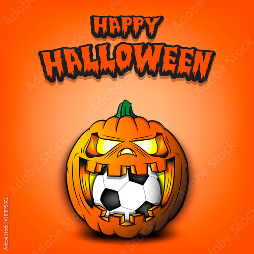Happy Halloween. Soccer ball inside frightening pumpkin. The pumpkin swallowed the ball with burning eyes. Design template for banner, poster, greeting card, party invitation. Vector illustration