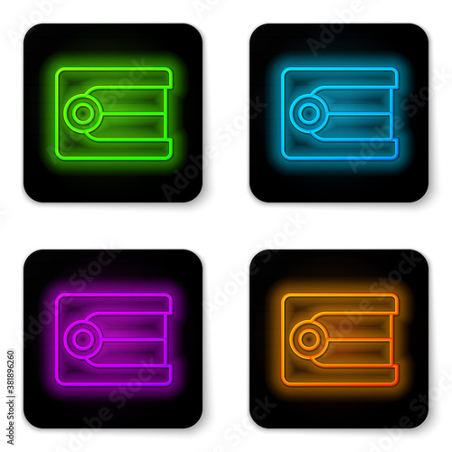 Glowing neon line Dentures model icon isolated on white background. Dental concept. Black square button. Vector.