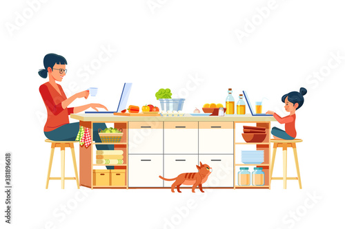 Child online education, while his mother is working on a computer on kitchen. Business mother with her kid with at a laptop at home in quarantine pandemic. Cartoon vector illustration isolated.