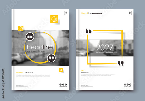 Abstract patch brochure cover design. Black info data banner frame. Techno title sheet model set. Modern vector front page art. Urban city blurb texture.Yellow citation figure icon. Ad flyer text font