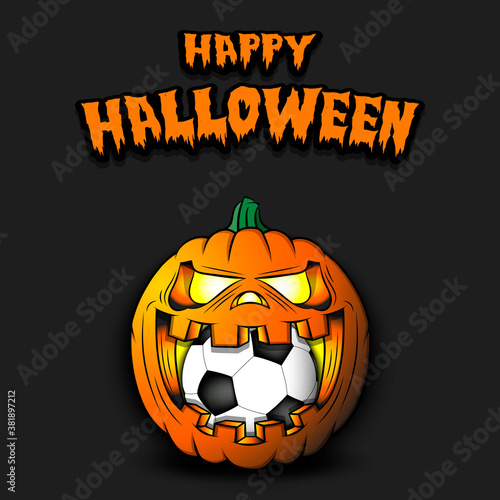 Happy Halloween. Soccer ball inside frightening pumpkin. The pumpkin swallowed the ball with burning eyes. Design template for banner, poster, greeting card, party invitation. Vector illustration