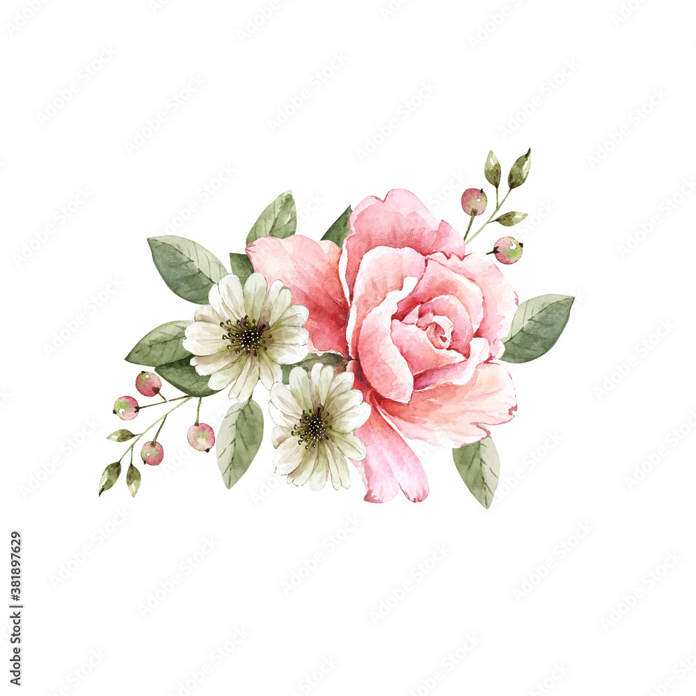 delicate bouquet of flowers with rose and green leaves, watercolor illustration