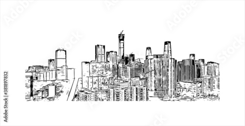 Building view with landmark of Beijing alternatively romanized as Peking is the capital of the Republic of China. Hand drawn sketch illustration in vector.