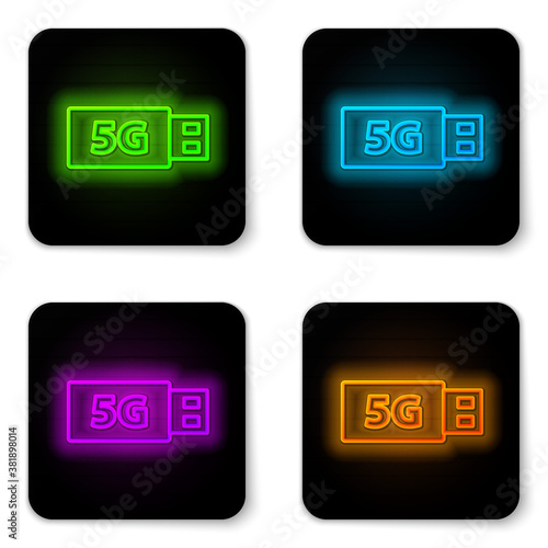Glowing neon line 5G modem for fast mobile Internet icon isolated on white background. Global network high speed connection data rate technology. Black square button. Vector.
