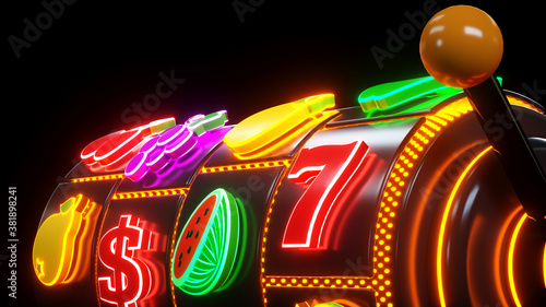 Casino Slot Machine With Fruit Icons. Casino Gambling Concept With Neon Lights - 3D Illustration