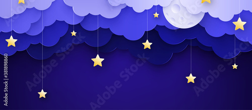 Vector illustration. Cartoon childish background with clouds and stars on strings.