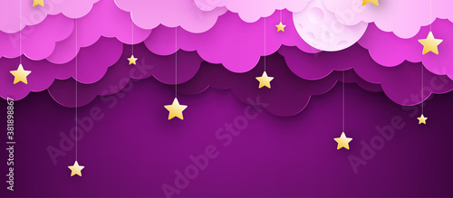 Vector illustration. Cartoon childish background with clouds and stars on strings.