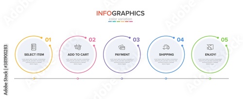 Concept of shopping process with 5 successive steps. Five colorful graphic elements. Timeline design for brochure, presentation, web site. Infographic design layout.