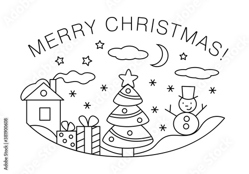 Merry Christmas card design - vector line art illustration - house, snowflakes, fir-tree, snowman, gift boxes, clouds, moon, stars. Black and white - print on cards to go with a present