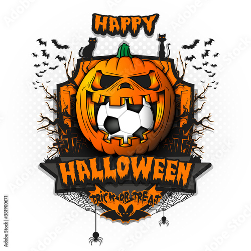 Happy Halloween. Soccer ball inside frightening pumpkin. Cats, bats, spiders, trees, crosses. Design template for banner, poster, greeting card, flyer, party invitation. Vector illustration