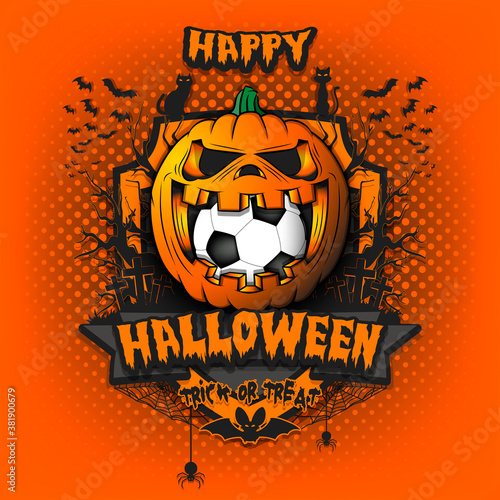 Happy Halloween. Soccer ball inside frightening pumpkin. Cats, bats, spiders, trees, crosses. Design template for banner, poster, greeting card, flyer, party invitation. Vector illustration