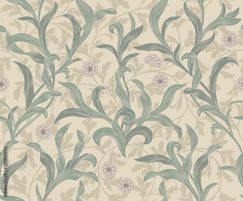 Vintage floral seamless pattern with leaves on light background. Vector illustration.