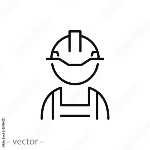 builder or constructor icon, construction worker, hard helmet, safety first concept,  thin line web symbol on white background - editable stroke vector illustration eps10

