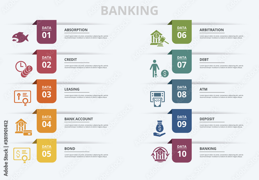 Infographic Banking template. Icons in different colors. Include Absorption, Credit, Leasing, Bank Account and others. Infographic Banking template. Icons in different colors. Include Absorption, Credit, Leasing, Bank Account and others.
