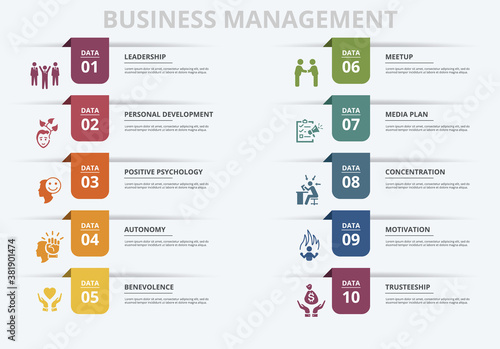 Infographic Business Management template. Icons in different colors. Include Leadership, Personal Development, Positive Psychology, Autonomy and others.