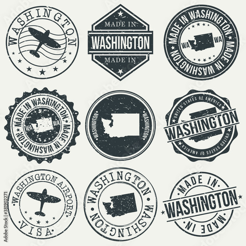 Washington State Set of Stamps. Travel Stamp. Made In Product. Design Seals Old Style Insignia.