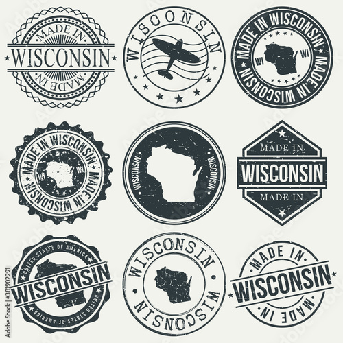 Wisconsin Set of Stamps. Travel Stamp. Made In Product. Design Seals Old Style Insignia. photo