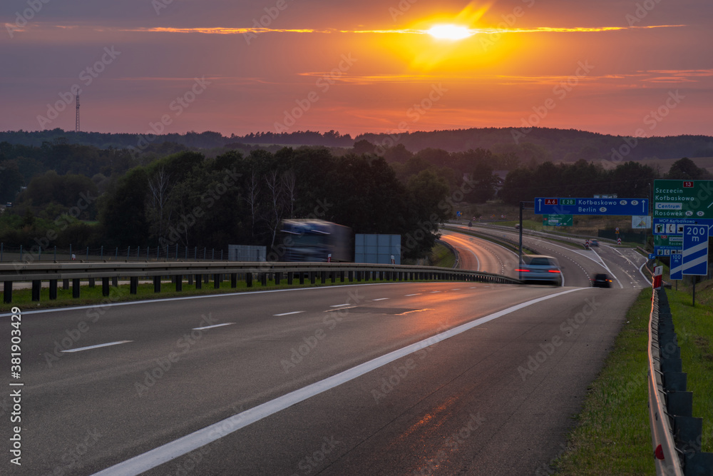 sunset over the highway from Poland to Germany