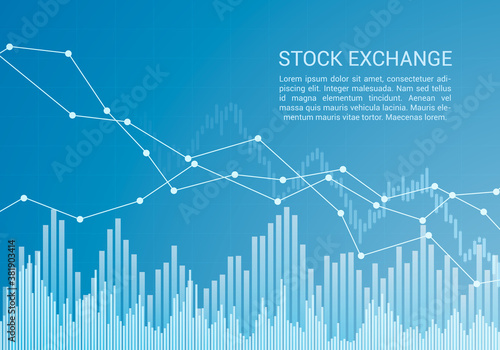 Blue stock market or financial candlestick chart with rising and falling trend and text, vector