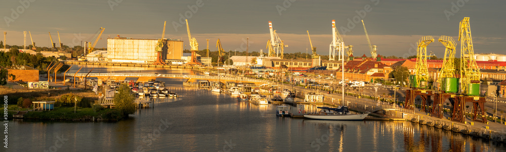 Marina and port in the light of the setting sun, Szczecin, Poland