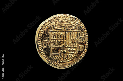 Gold Escudos Coin of Philip II (Felipe II) of Spain Crowned Shield Obverse cut out and isolated on a black background stock photo Image photo