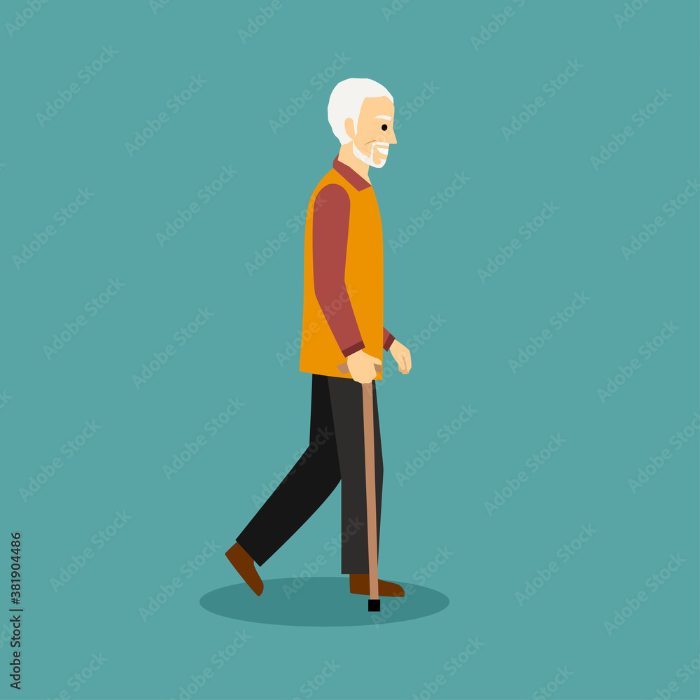 Old man walking with cane. Vector character on blue background. Old man walking with cane. Vector character on blue background.