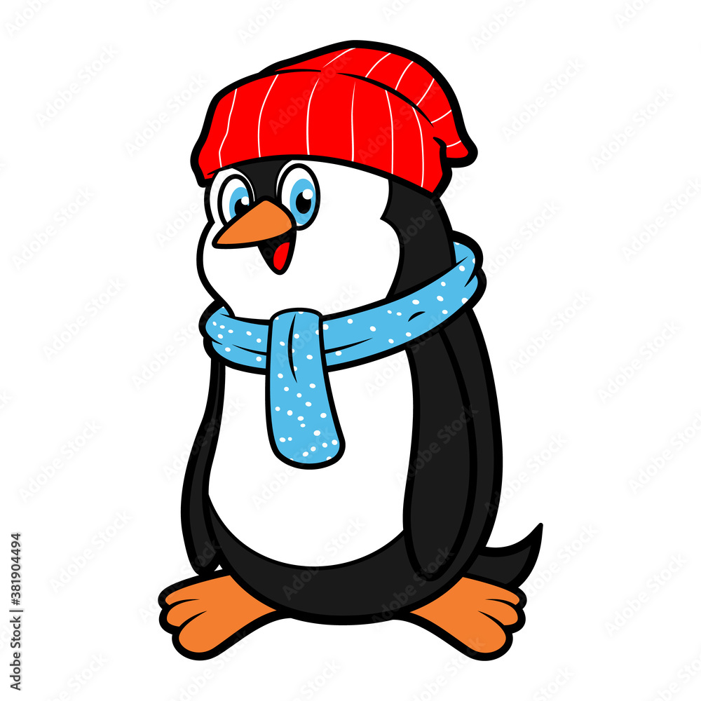 Naklejka premium Funny Little Penguin wearing caps and scarf, best for winter holidays illustrations themes for kids, cartoon vector
