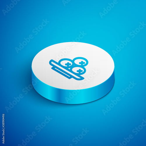 Isometric line Olives on plate icon isolated on blue background. White circle button. Vector.