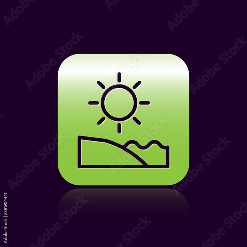 Black line Beach icon isolated on black background. Tropical beach landscape. Good sunny day. Green square button. Vector.