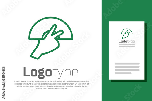 Green line Female hand with open fan flamenco accessory icon isolated on white background. Logo design template element. Vector.