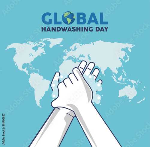 global handwashing day lettering with hands washing and earth maps