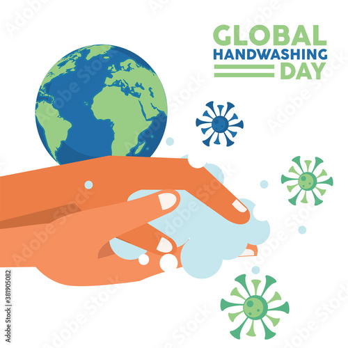 global handwashing day lettering with hands washing and covid19 particles