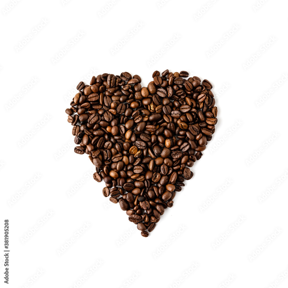 Coffee beans in shape of heart on white background, flat lay Coffee beans in shape of heart on white background, flat lay